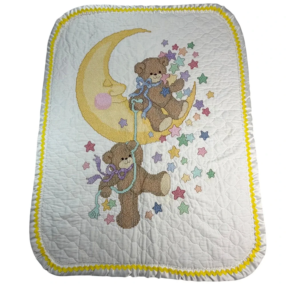 VTG Quilted Baby Blanket Teddy Bears Moon Stars Yellow Rickrack Satin Trim 42x33